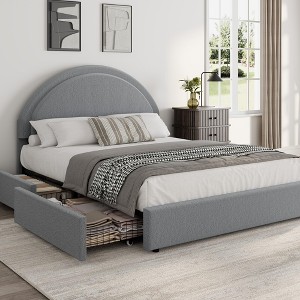 Boucle Bed Frame with 2 Storage Drawers - Soft Upholstered Platform, Round Headboard, Wooden Slats, Noise-Free, No Box Spring Needed - 1 of 4