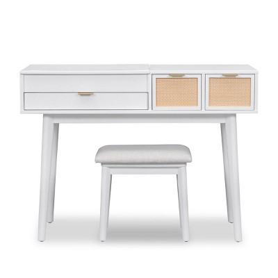 AZL1 Life Concept Dressers Multi Functional Vanity Set Hideaway Mirror Storage Drawers Padded Comfort Stool, White, 43.3"*19.7"*51.4"