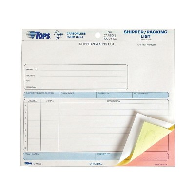 TOPS Snap-Off Shipper/Packing List 8 1/2 x 7 Three-Part Carbonless 50 Forms 3834