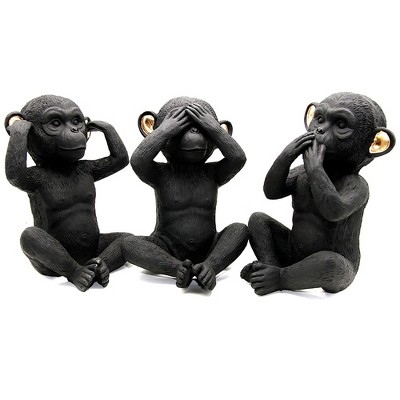 Evideco French Home Goods Wise Monkey Statues in Black & Gold - Speak, Hear, See No Evil - Sold Individually or as Set of 3 (7" Tall)