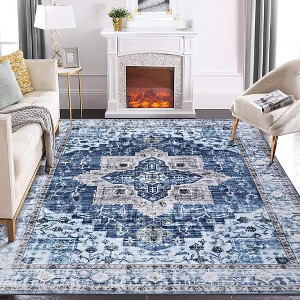 Washable Rug Vintage Medallion Area Rugs Non-Shedding Floor Mat Throw Carpet for Living Room Bedroom, 9' x 12' Blue - 1 of 4