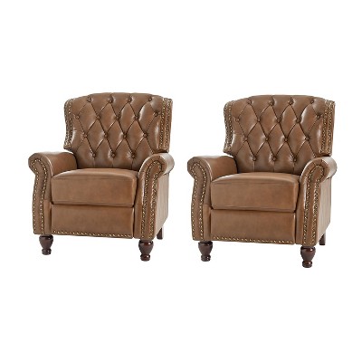 Set of 2 Justine Transitiona Wooden Upholstery Genuine Leather Recliner with Nailhead Trim for Living Room and Bedroom  | ARTFUL LIVING DESIGN