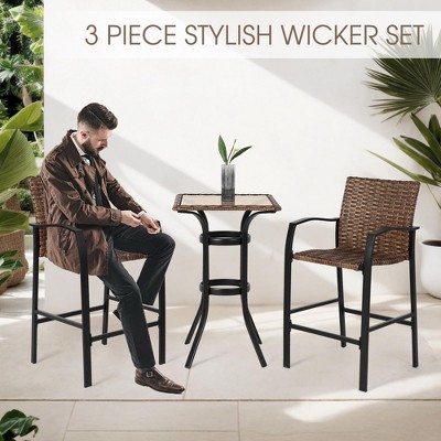 HOMEFUN 3 Pieces Outdoor Bar Stools Set,Rattan Bar Chairs,with glass table top, Wicker Bar Stools for Backyard,Brown