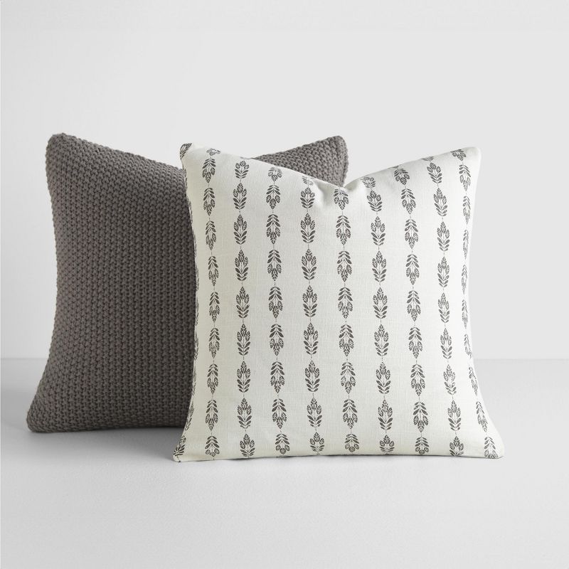 2-Pack Gray Throw Pillows Seed Stitch Knit with Cotton Patterns in Folk Leaves - Becky Cameron, Gray, 20 x 20, 1 of 13