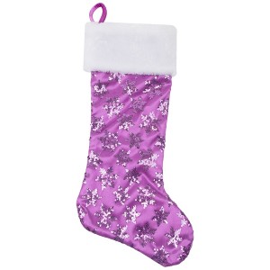 Northlight 19" Purple Sequin Snowflake Christmas Stocking with White Faux Fur Cuff - 1 of 4