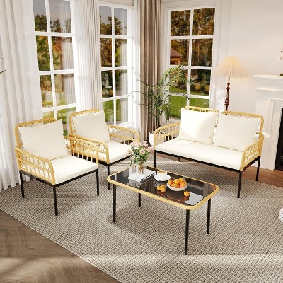 Patio Furniture Set 4, 3 Pcs All-Weather PE Rattan Lounge Chairs with Soft Cushions, and Table, for Balcony, Porch, Garden, and Poolside