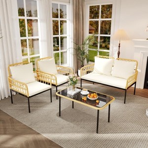Patio Furniture Set 4, 3 Pcs All-Weather PE Rattan Lounge Chairs with Soft Cushions, and Table, for Balcony, Porch, Garden, and Poolside - 1 of 4