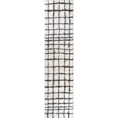 Ivory and Black Moroccan-Inspired Geometric Shag Rug
