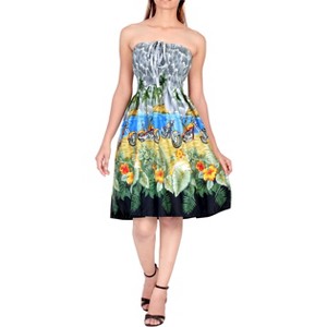 LA LEELA Women's House Daily Routine Evening Wear Boho Halter Smocked Mini Flowy Dress Tube Top Strapless Dresses for Women One Size Gray, Floral - 1 of 3