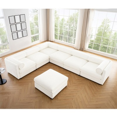 DOMETOUR Modular Chenille Sectional Sofa with Storage, Cylindrical Backrest & Armrests, 6 Seats, White