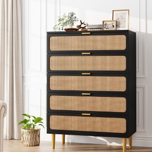 Cocuehta Rattan 5 Drawer Dressers for Bedroom, Large Chest of Drawers for Closet with Wide Top, Tall Dresser with Deep Drawers, Long Wooden Dresser - 1 of 4