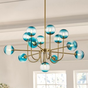 Rennnsan Veyla 38" W 13 -Light Gradient Blue Glass Dimmable Mid-Century Bubble Chandelier in Black & Brass Gold - 1 of 4
