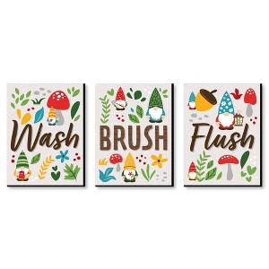 Big Dot of Happiness Garden Gnomes - Forest Gnome Kids Bathroom Rules Wall Art - 7.5 x 10 inches - Set of 3 Signs - Wash, Brush, Flush - 1 of 4