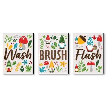 Big Dot of Happiness Garden Gnomes - Forest Gnome Kids Bathroom Rules Wall Art - 7.5 x 10 inches - Set of 3 Signs - Wash, Brush, Flush