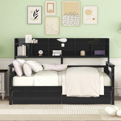 Daybed,Wood Slat Support Daybed Frame With Bedside Shelves And Two Drawers,Daybed Storage,Daybed For Bedroom-Cuddlewood