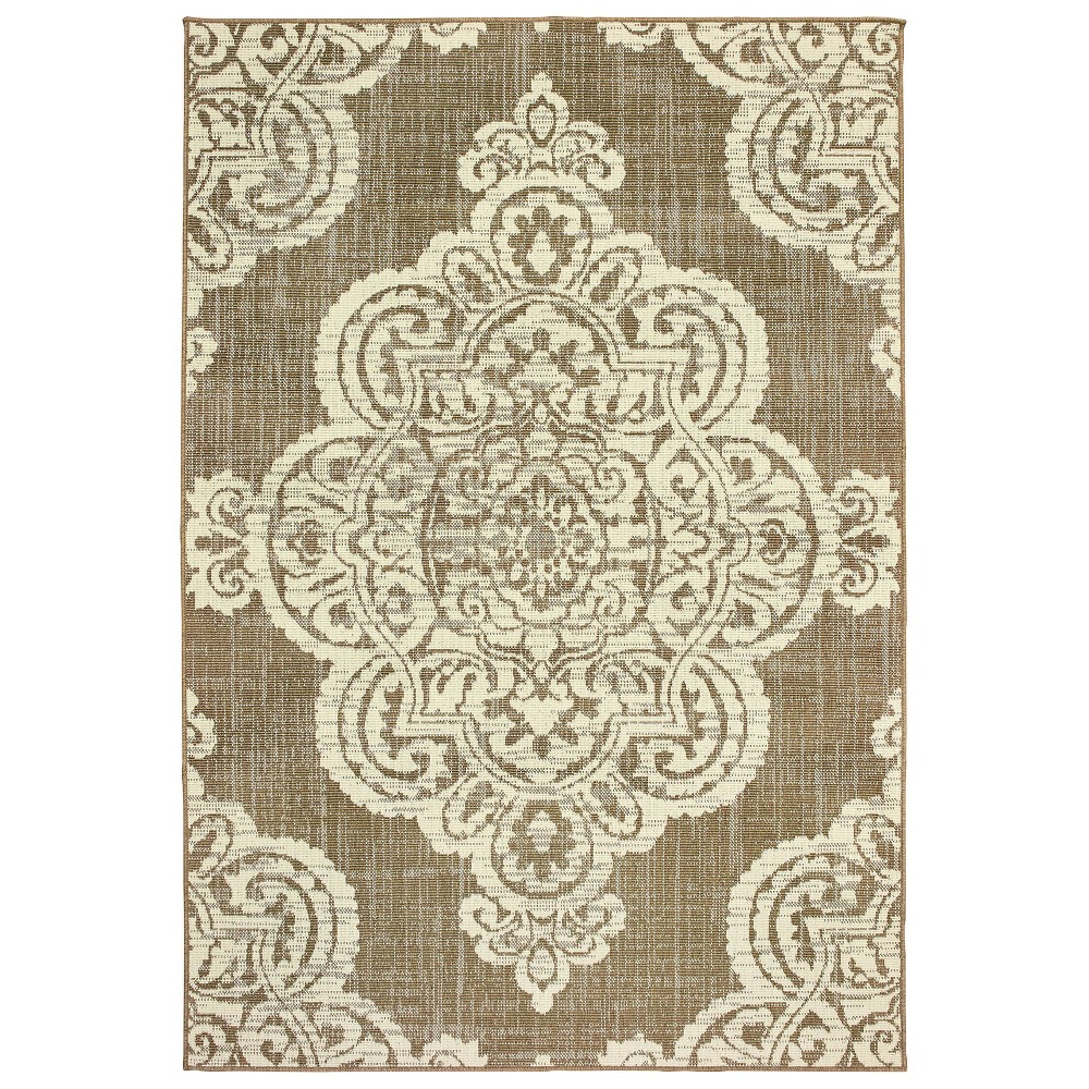 6'7inx9'6in Madeline Overscale Medallion Patio Rug Tan/Ivory
