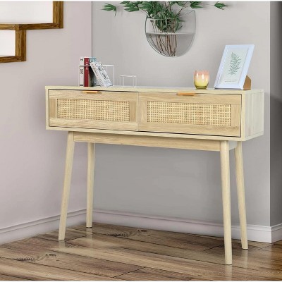 Console Table Rattan Desk with Drawers, Modern Small Console Table for ...