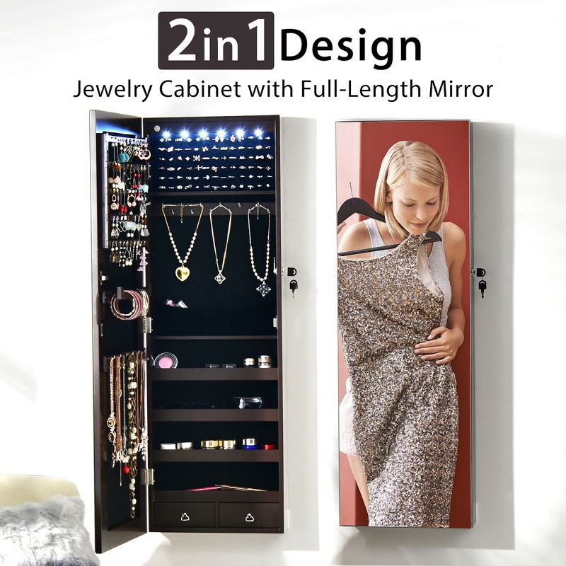 Wall/Door Mounted Jewelry Cabinet Full Screen Mirror Armoire Organizer w/ 6 LEDs, 5 of 11