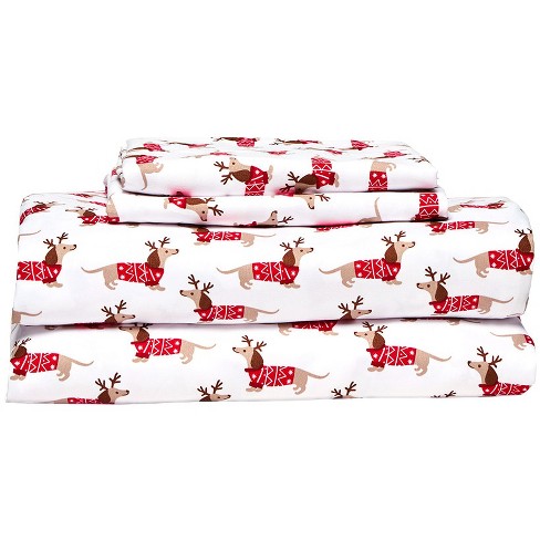 Kate store Spade Christmas Dachshund Doxie Printed Flannel Bed Sheet Set QUEEN