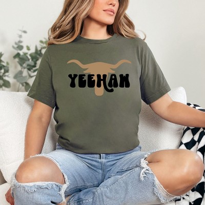 Simply Sage Market Yeehaw Bull Short Sleeve Tee - M - Army Green