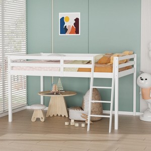 VINGLI Junior Low Loft Bed with Stairs, White Wood Loft Bed Full Size for Adults, Kids and Young Teens, No Box Spring Required,Wood Slat Support - 1 of 4