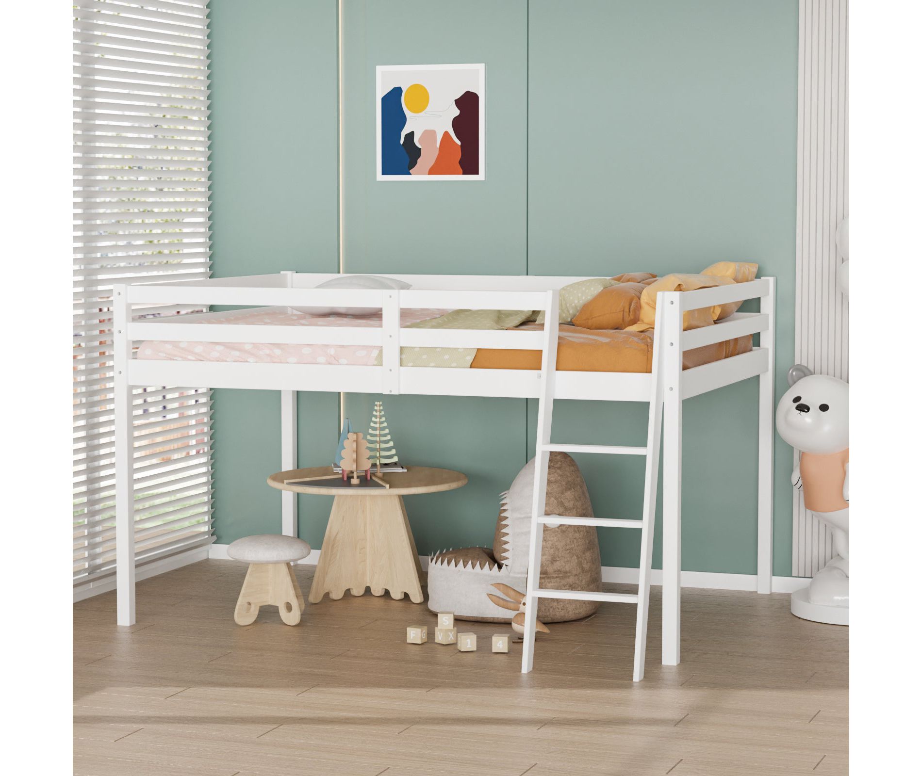 VINGLI Junior Low Loft Bed with Stairs, White Wood Loft Bed Full Size for Adults, Kids and Young Teens, No Box Spring Required,Wood Slat Support