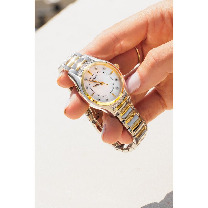 Bulova Ladies' Classic Diamond 3-Hand Quartz Two Tone Gold Stainless Steel Watch, 16 Diamonds, Mother-of-Pearl Dial, Curved Mineral Crystal, 5 of 7