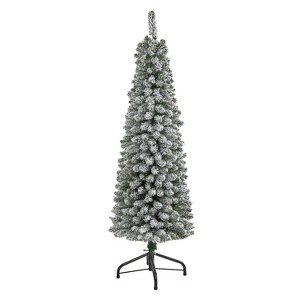 5ft. Flocked Pencil Artificial Christmas Tree with 318 Branches – Sleek Snowy Seasonal Holiday X-Mas Tree - 1 of 4