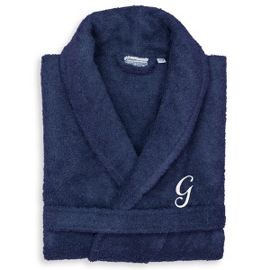 Linum Home Textiles 100% Turkish Cotton Unisex Personalized Terry Bathrobe Navy in White Script Font - 1 of 3