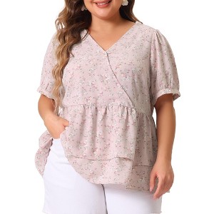 Agnes Orinda Women's Plus Size Floral Layered Peplum Hem Casual Blouses - 1 of 4