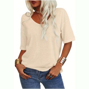 Imily Bela Women's Casual V Neck Half Sleeve Oversized T Shirt Solid Color Basic Top - 1 of 4