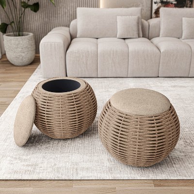 Techni Home Natural Woven Ottoman with Storage
