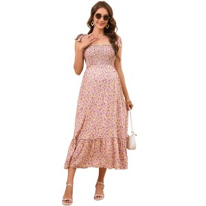 Womens Maternity Smocked Summer Casual Boho Dress Spaghetti Strap Square Neck Sleeveless Maxi Dress Baby Shower Photoshoot - 1 of 4