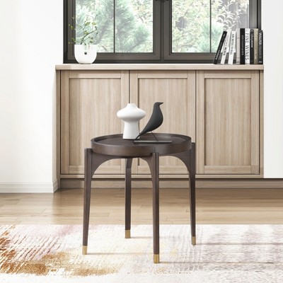 Vynxaria Dark Brown Finish Round End Table, Solid Wood Legs with Metallic Gold Tip, 24" Dia x 24"H