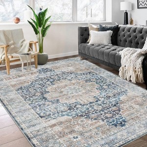 Oriental Machine Washable Rug, Vintage Area Rug Non-Slip Floor Carpet, Easy-Cleaning Rug for Bedroom Office Home Decor - 1 of 4