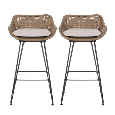 Christopher Knight Home Kevin Outdoor Wicker and Iron 29.5 Inch Barstools with Cushion (Set of 2), Light Brown