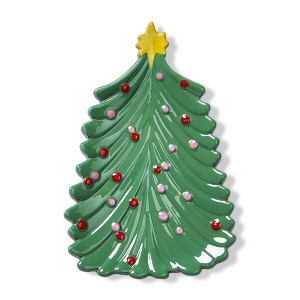 TAG 5.31" x 7.5" Green Christmas Tree with Ornaments Ceramic Decorative Appetizer Plate - 1 of 2