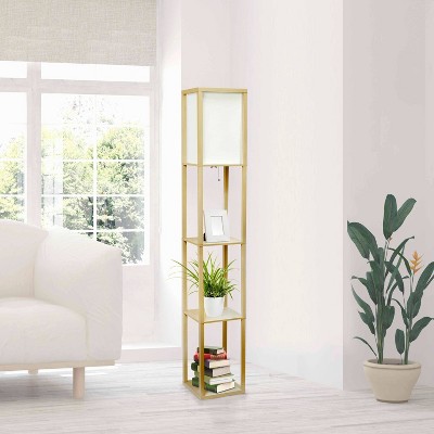 Tan Mixed Material Shelf Floor Lamp with Linen Shade