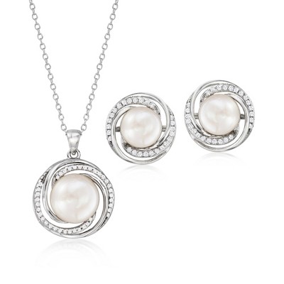 Ross-Simons 9-10mm Cultured Pearl and .50 ct. t.w. CZ Jewelry Set: Earrings and Pendant Necklace in Sterling Silver Size 18