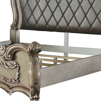 Vintage Bone White California King Bed with Tufted Faux Leather Headboard