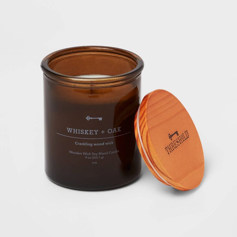 Amber Glass Whiskey + Oak Lidded Wooden Wick Jar Candle 9oz - Threshold&#8482;, 3 of 4