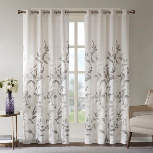 VYNXARIA 50x84" Modern Gray Botanical Burnout Curtain Panel - 65% Rayon, 35% Polyester(Single Panel Only) - 1 of 4