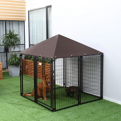 57'' Outdoor Dog Kennel with Roof Heavy Duty Steel Pet Playpen with Lockable Door and UV Water Resistant Canopy for Backyard,Black - LAOTIES