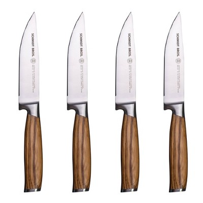 Schmidt Brothers Cutlery Zebra Wood 4pc Jumbo Steak Knife Set: Stainless Steel Serrated Blades, Forged Wood Handles
