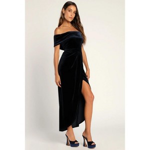 Elegant Velvet Ruched Bodycon Wrap Off The Shoulder Dresses for Women High Slit Cocktail Party Midi Dresses Navy XL - 1 of 4