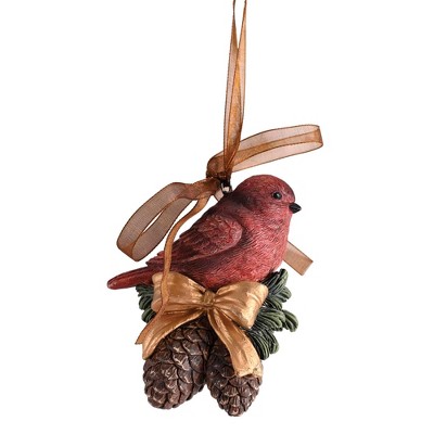 Dickson's Cardinal Redbird On Pinecones - Golden Bow - 3.5 x 3 Inch Red/Green/Brown Resin Decorative Hanging Ornament