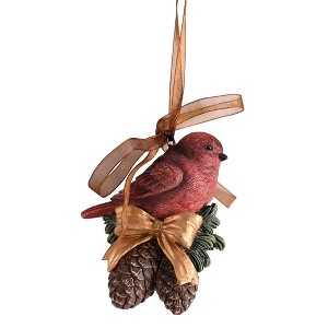 Dickson's Cardinal Redbird On Pinecones - Golden Bow - 3.5 x 3 Inch Red/Green/Brown Resin Decorative Hanging Ornament - 1 of 2
