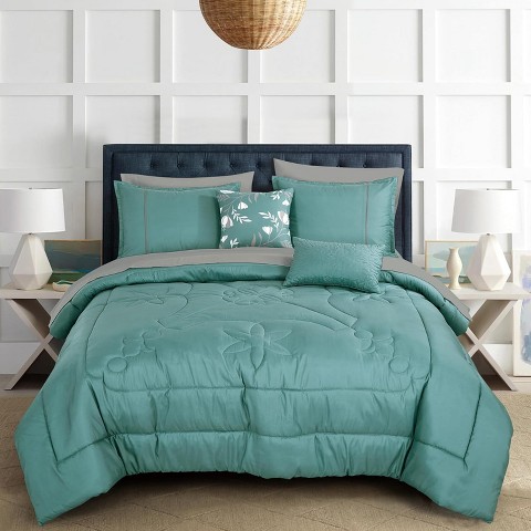 Home Mart Goods 9 Piece Bed-in-a-Bag Blue Floral Solid Soft Bedding Comforter Set