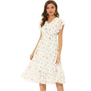Allegra K Women's Floral Elastic Waist V Neck Ruffled Hem Chiffon Dress - 1 of 4