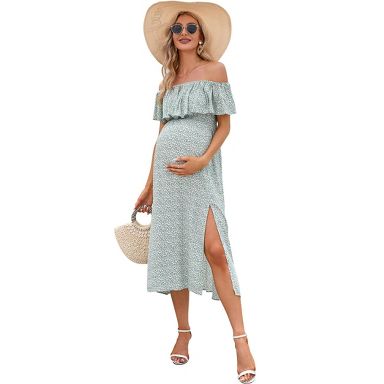 Clearlove Women's Off-the-shoulder Maternity Dress Elegant Slit Floral Midi Dress light green Floral lightgreen-floral Small